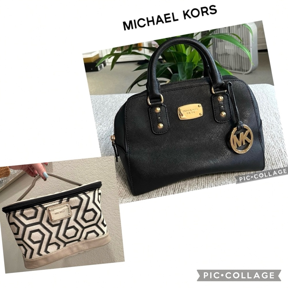 Michael Kors Black Leather Satchel Gold Hardware Scarf Holder + Bonus Bag